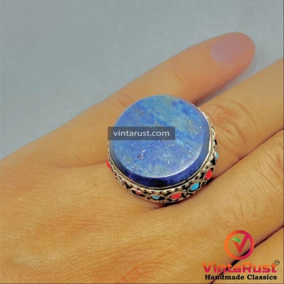 Lapis Stone Ring, Handmade Kuchi Ring, Tribal Ethnic Ring, Lapis Lazuli Jewelry, - Picture 1 of 11